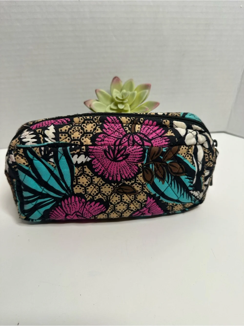 Vera Bradley Quilted Cosmetic Case in Pink Teal Cream Leaf Print